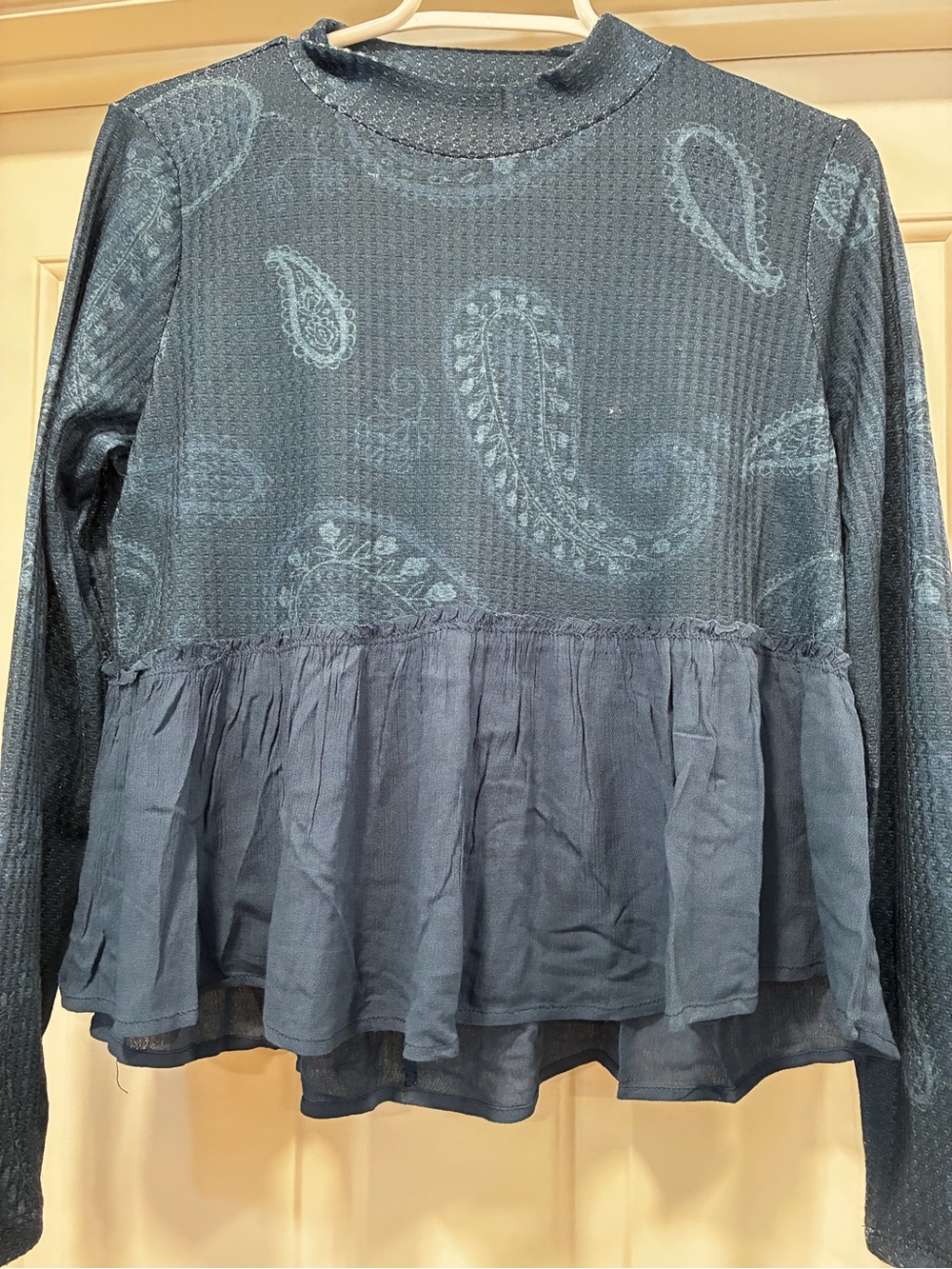 Blue Rain Navy Paisley Peplum Long Sleeve Top